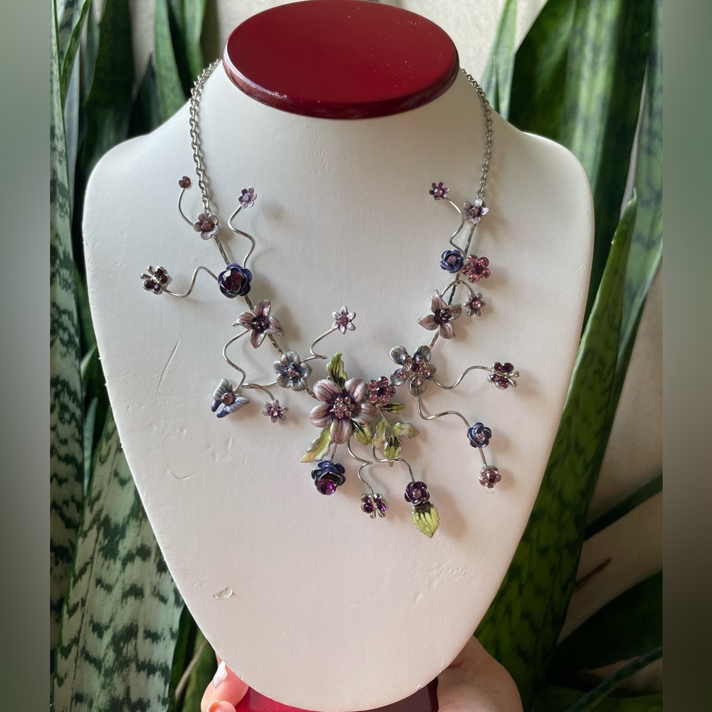 Floral Silver Necklace with Purple Accents